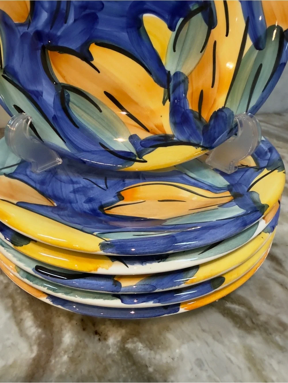 5 Pier 1 Italy Hand Painted 8” Salad Dessert Plates Blue Yellow Set of 5